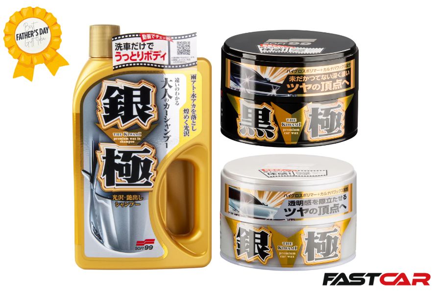 product shot of Soft99 shampoo and wax on white background